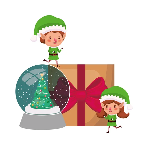Kilka elfów z prezentem i kryształową piłką — Wektor stockowy
