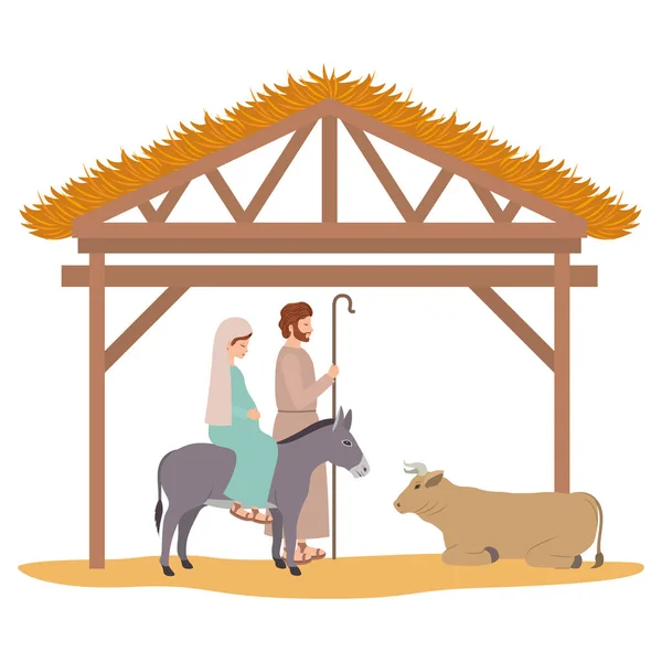 Virgem maria e santo joseph em estábulo com animais — Vetor de Stock