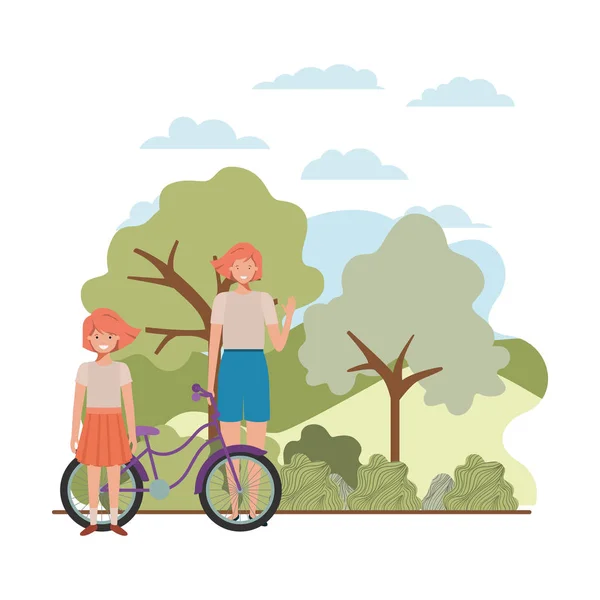 母亲和女儿与自行车在景观 — 图库矢量图片