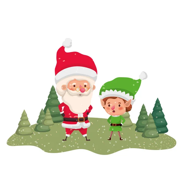 Санта-Клаус з ельфом, що рухається з ялинками — стоковий вектор
