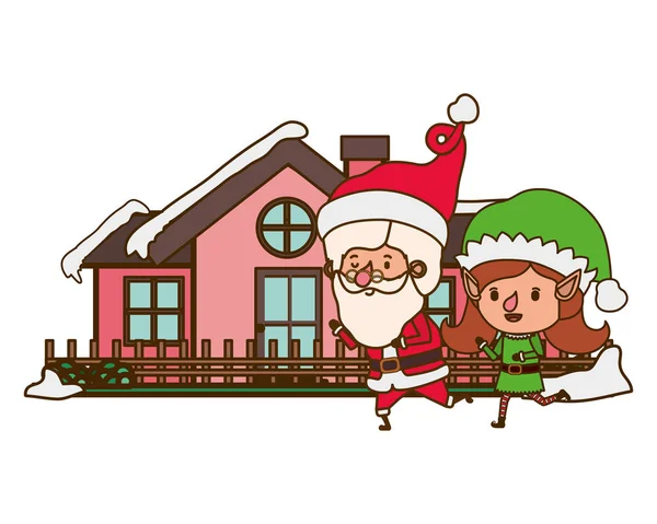 Elf vrouw met Santa Claus en huis — Stockvector