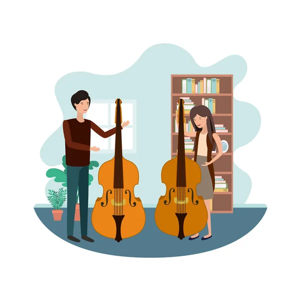 Couple with musical instruments in living room — Stock Vector