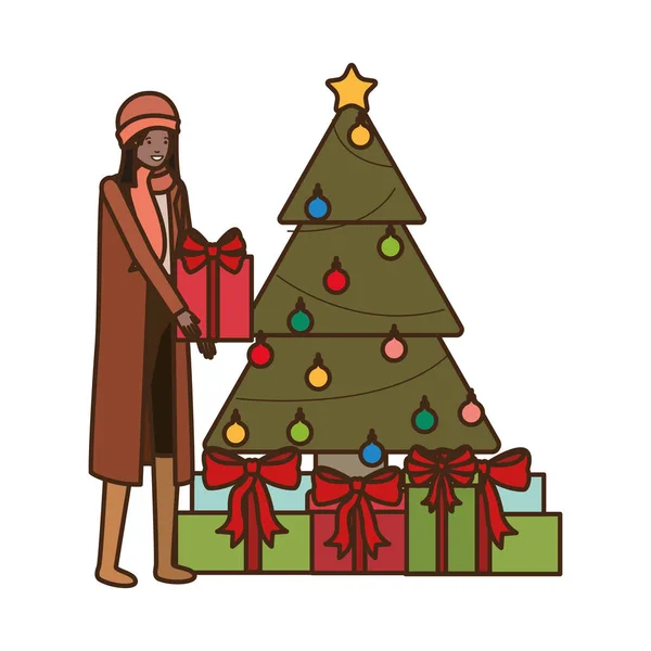 Vrouw met kerstboom en geschenken dozen — Stockvector