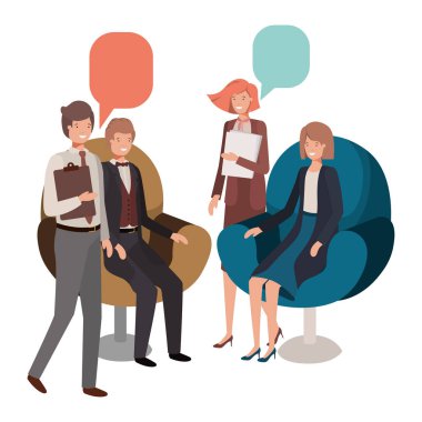 Grup insanlar iş ile konuşma balonu