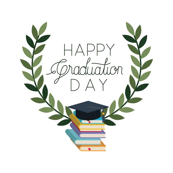 Happy graduation day with wreath isolated icon — Stock Vector