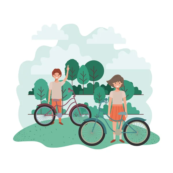 Children with bicycle in landscape — Stock Vector