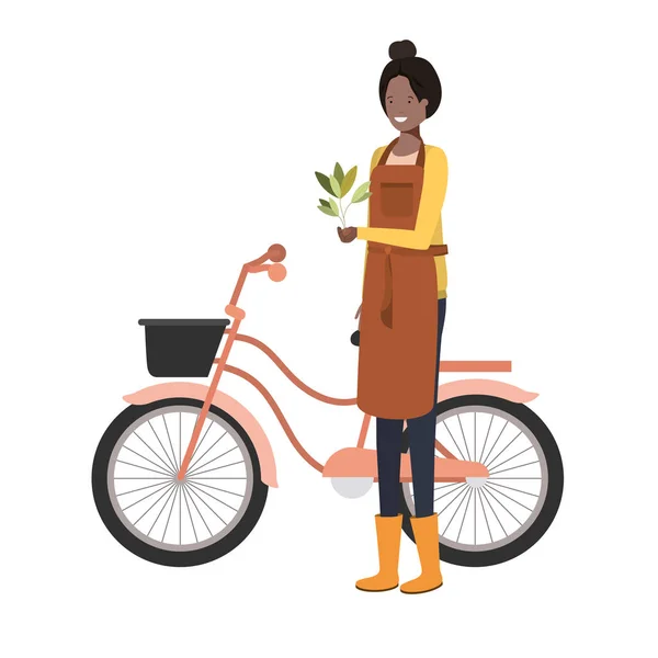 Mladá žena zahradník na kole avatar charakter — Stockový vektor