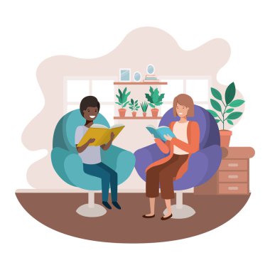 oturma odası avatar karakteri kitap ile anne ve oğlu