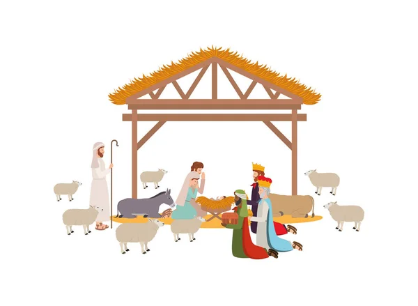 Família santa no estábulo com sábios reis manjedoura —  Vetores de Stock