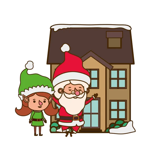 Elf vrouw met Santa Claus en huis — Stockvector