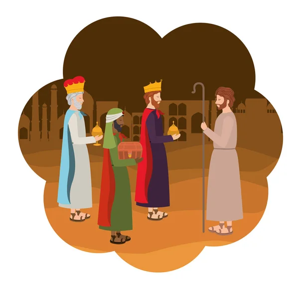 Reyes sabios con personajes de San Joseph Manger — Vector de stock