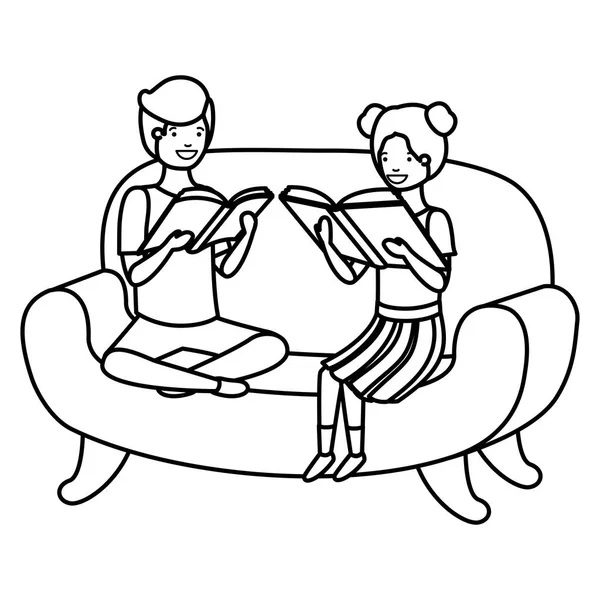 Pareja de niños sentados en sofá con carácter avatar libro — Vector de stock