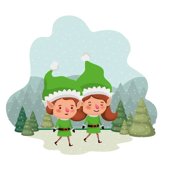 Kilka elfów ruchomych i choinek z opadającym śniegiem — Wektor stockowy