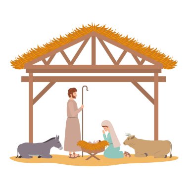 holy family in stable with animals characters clipart