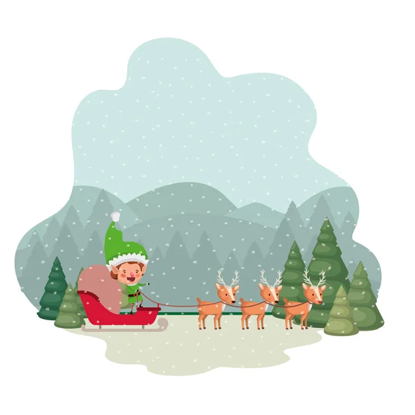 Elfe mit Schlitten und Weihnachtsbäume mit fallendem Schnee — Stockvektor