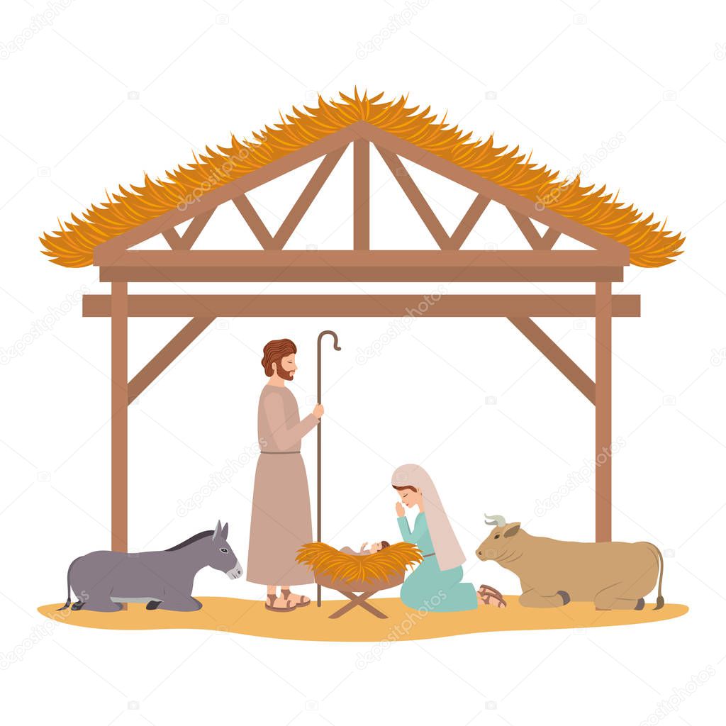 holy family in stable with animals characters