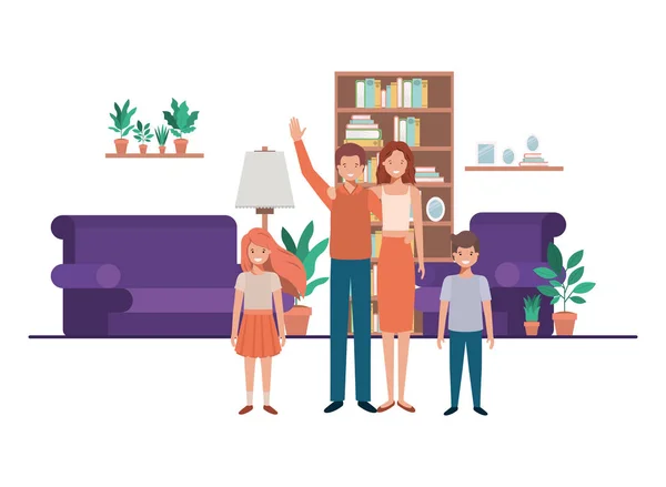 Famiglia in soggiorno con personaggio avatar biblioteca — Vettoriale Stock