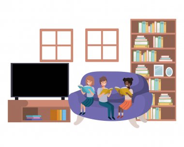 oturma odası avatar karakteri kitap ile insanların grubu