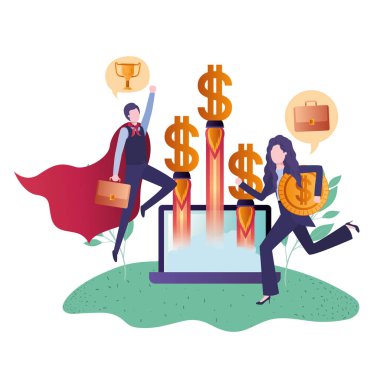 kahraman pelerin ve cihaz ekranı ile iş çift