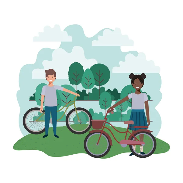 Bambini con bicicletta nel paesaggio — Vettoriale Stock