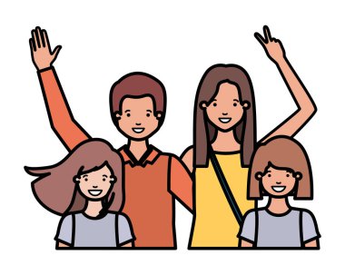 aile gülümseyen ve avatar karakter sallayarak