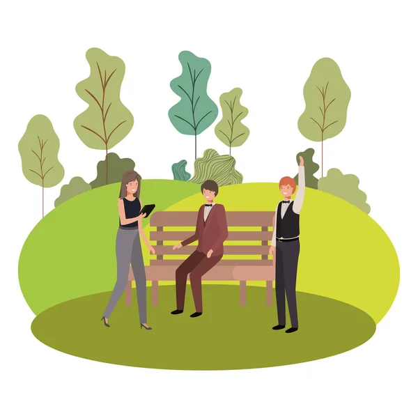 Grupo de negocios en silla de parque con paisaje — Vector de stock
