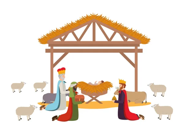 Reyes sabios con el bebé de Jesús en establo — Vector de stock