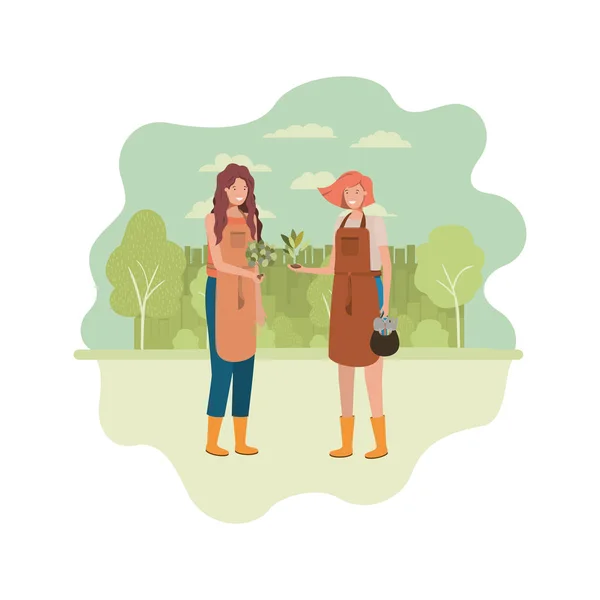 Mulheres jardineiras com caráter avatar paisagem — Vetor de Stock