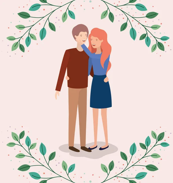 Εραστές ζευγάρι με φύλλα στέμμα χαρακτήρες — Διανυσματικό Αρχείο