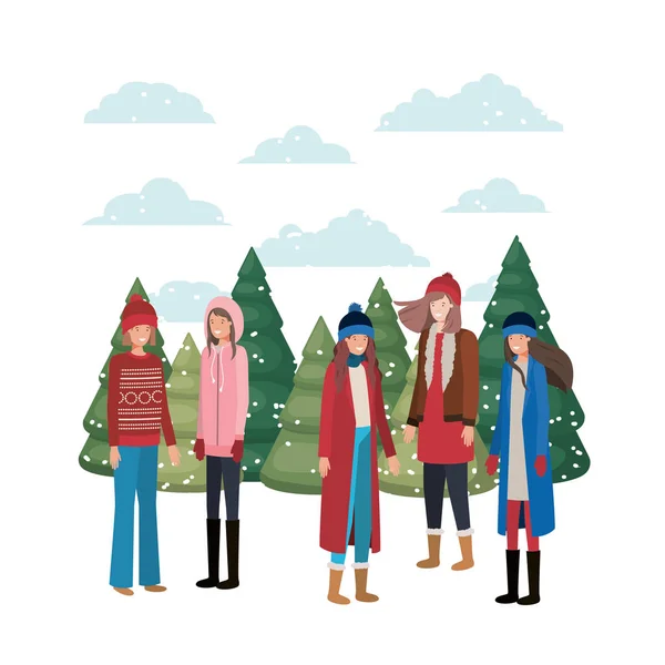 Grupp människor med vinterkläder och julen träd avatar tecken — Stock vektor