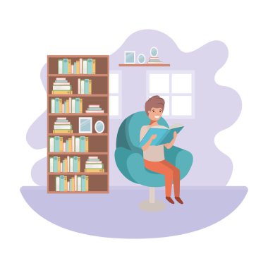 Oturma odası avatar karakteri kitap ile Adam