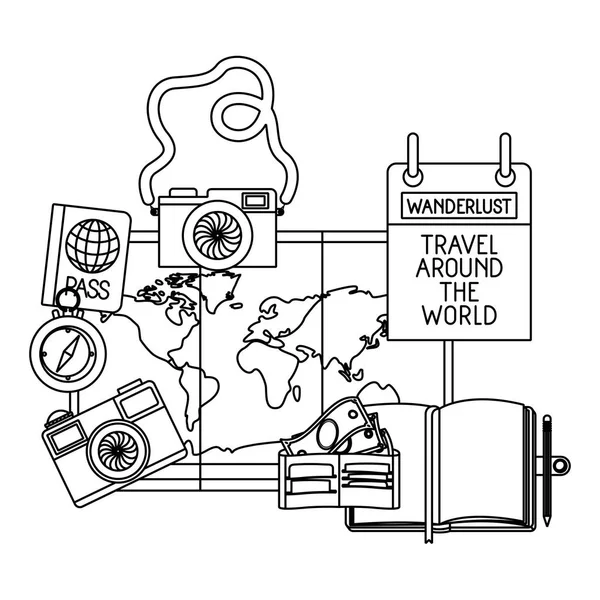 Cartina cartacea con icone di viaggio intorno al mondo — Vettoriale Stock