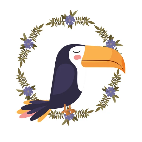 Lindo tucán pájaro con hojas y flores corona — Vector de stock