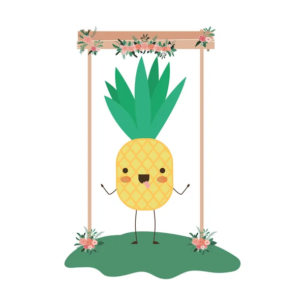 Schattig ananas in de tuin kawaii karakter — Stockvector