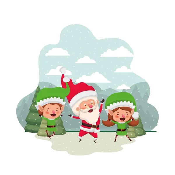 Couple elves with santa claus and christmas trees with snow — Stock Vector