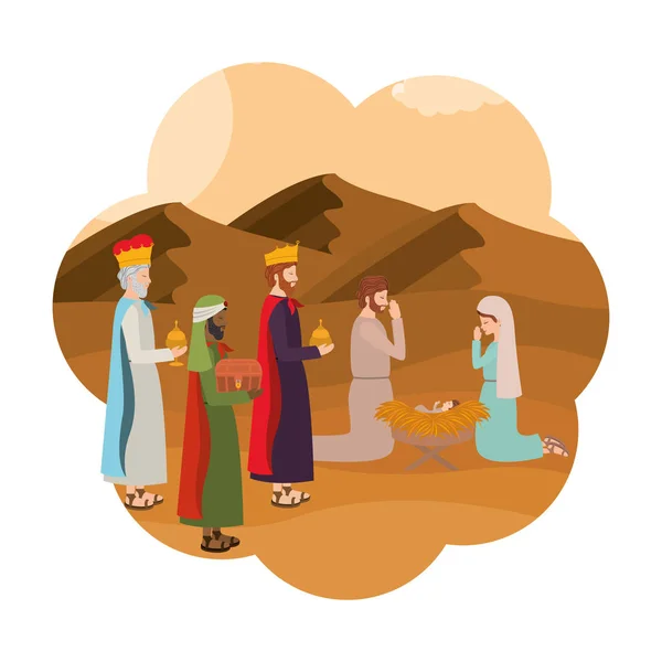Sainte famille avec des rois sages mangeoire personnages — Image vectorielle