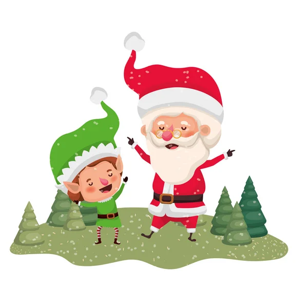 圣诞老人与精灵移动与圣诞树 — 图库矢量图片