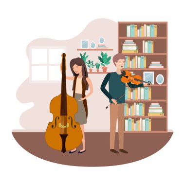 oturma odasında müzik aletleri ile çift