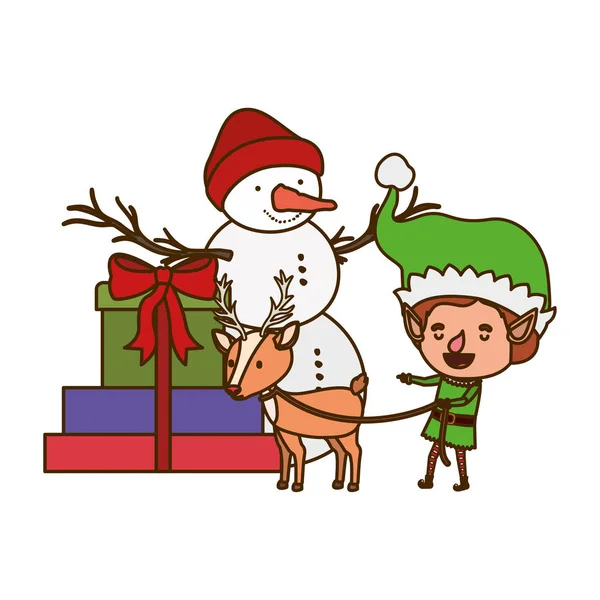 Elf s dárkové krabic a se sněžním znakem — Stockový vektor