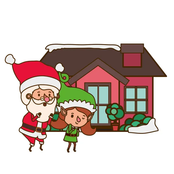 Elf vrouw met Santa Claus en huis — Stockvector