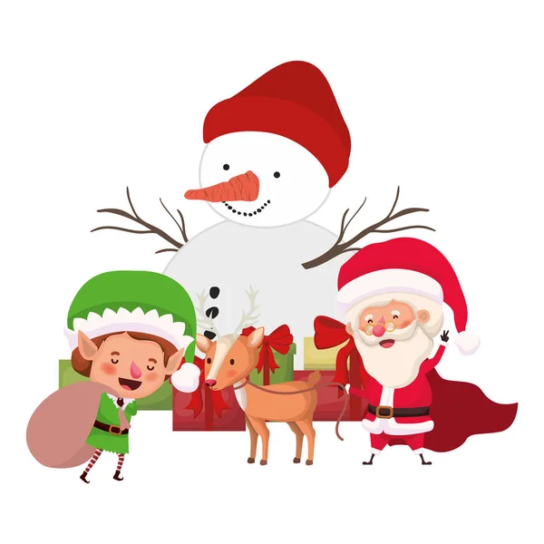 Santa claus e elfo com caráter avatar boneco de neve — Vetor de Stock