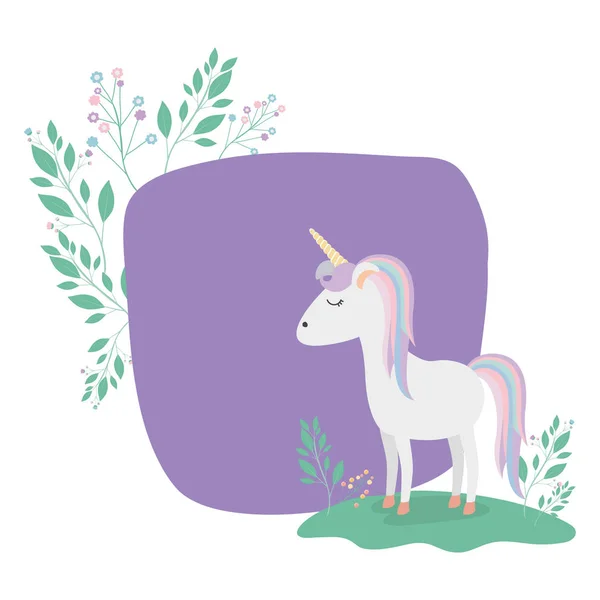 Marco decorativo con unicornio y flores — Vector de stock