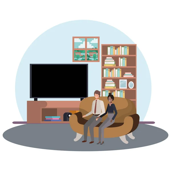 Couple d'affaires assis dans le salon avatar personnage — Image vectorielle