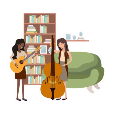 oturma odasında müzik aletleri olan kadınlar