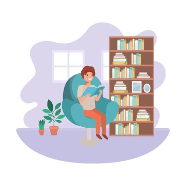 Oturma odası avatar karakteri kitap ile Adam