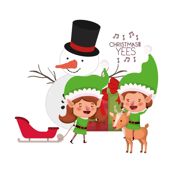 Pareja de elfos con caja de regalo y muñeco de nieve — Vector de stock