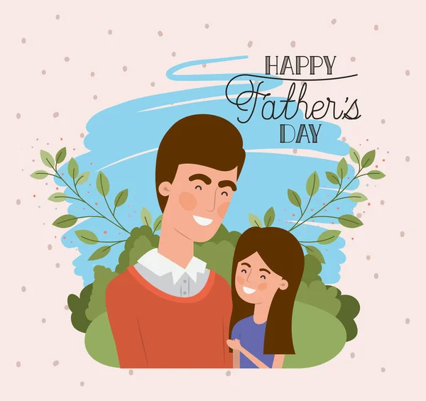 Happy fathers day card with dad and daughter characters — Stock Vector