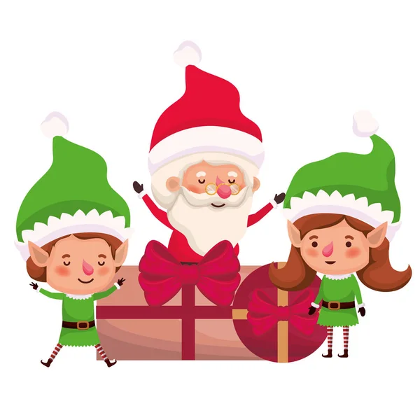 Пара эльфов и Санта Клаус с подарками — стоковый вектор