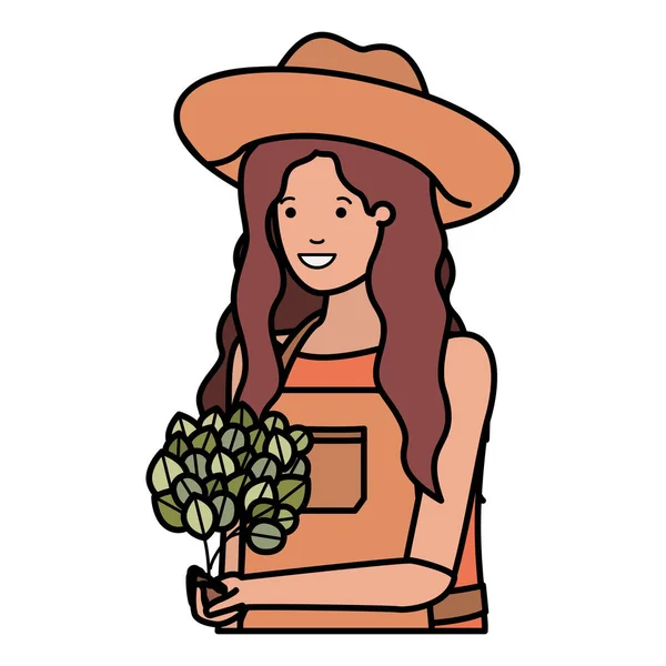 Mladá žena zahradník s rostlinou avatar charakter — Stockový vektor