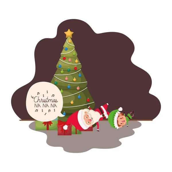 Kerstman en elf met kerstboom en geschenken — Stockvector